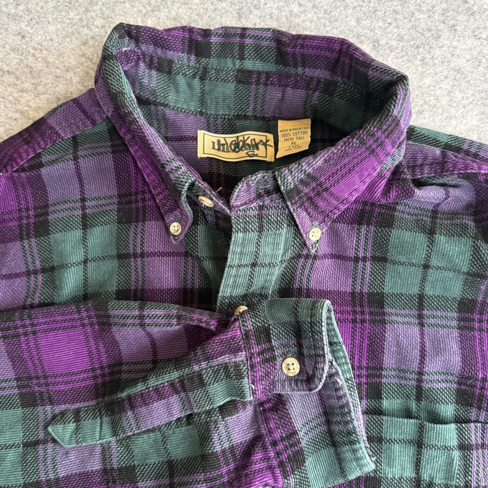 L.L.Bean Shirt Mens XLT Tall Purple Green Plaid Corduroy Button Long Sleeve FLAW